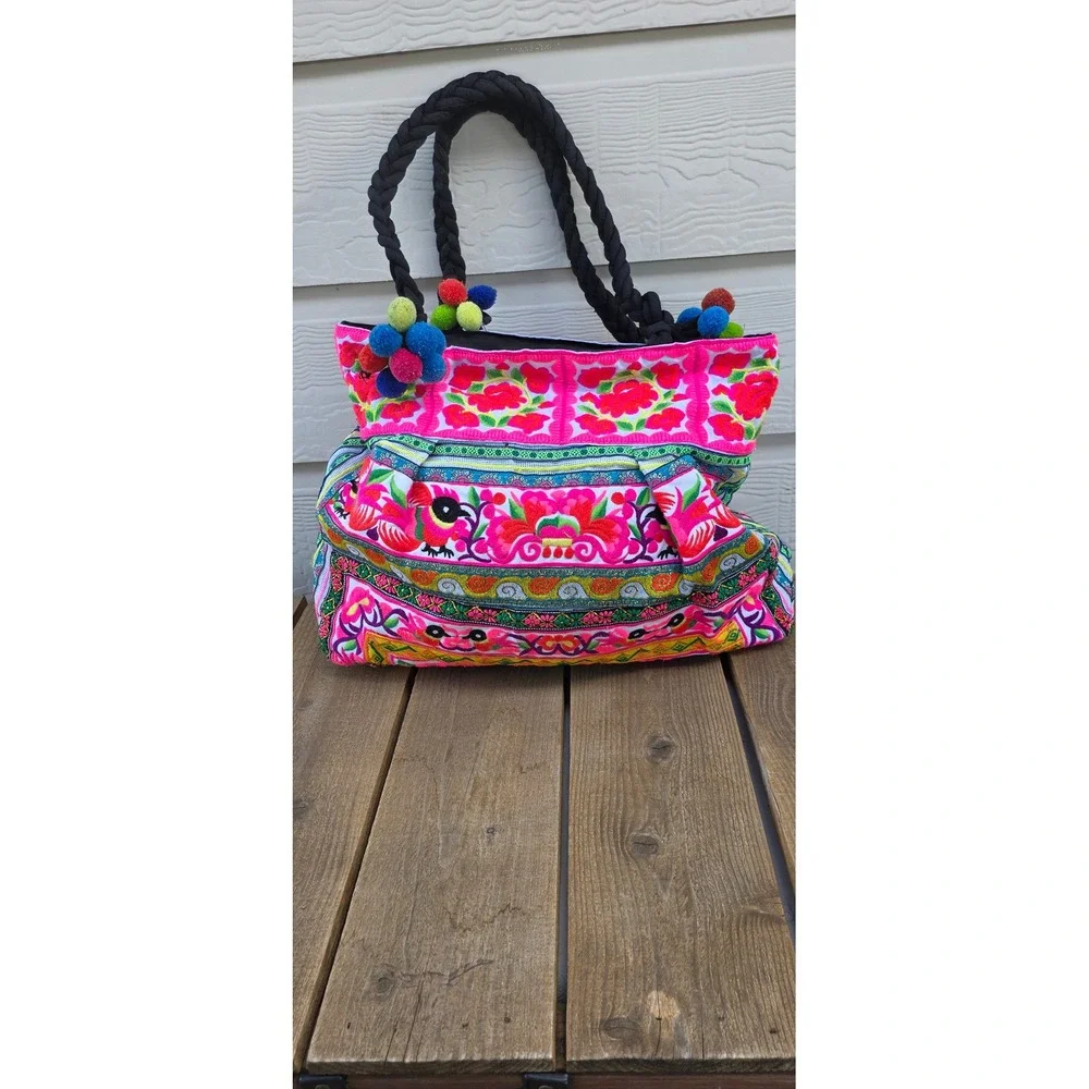 Hmong Embroidered Tote Bag Pink Floral Bird Pom Pom Bohemian Shoulder Bag Large